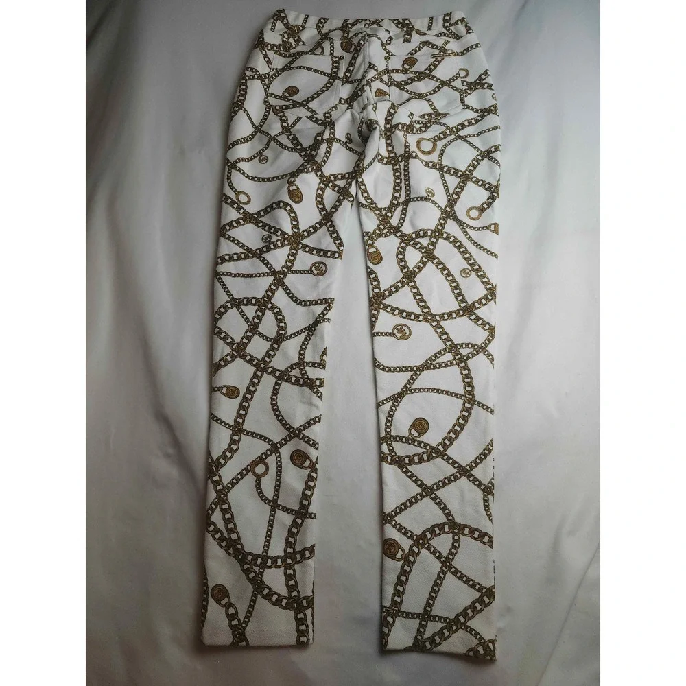 Michael Kors Womens White Gold Chain Link Print Skinny Pants Size S MK Logo